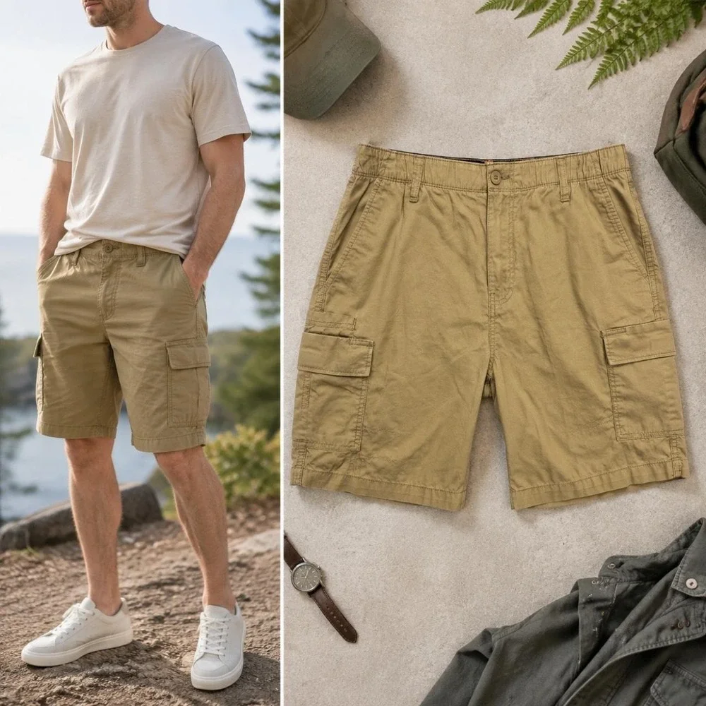 Denali Men's 32 Khaki Cotton Cargo Short Flex Waist 9.25